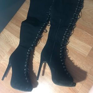 Thigh high lace up peep toe heels